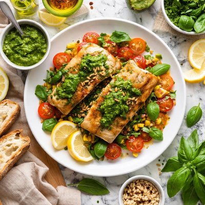 Image of Pan Roasted Cobia with Double Basil Pesto
