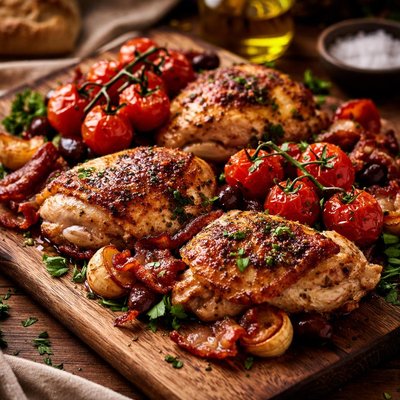 Image of Pan Roasted Mediterranean Chicken with Bacon Vine Tomatoes