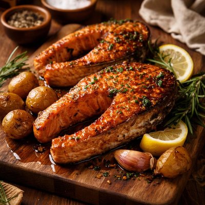 Image of Pan Roasted Salmon Steaks with Sherry Vinegar Honey Glaze