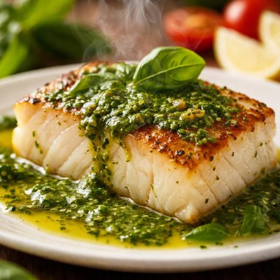 Image of Pan Seared Cod with Basil Sauce