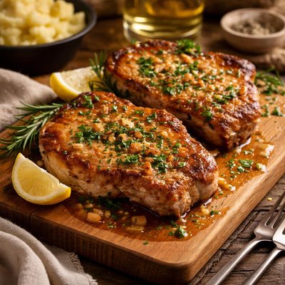 Image of Pan Seared Pork Chops in White Wine Sauce