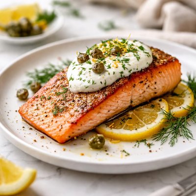 Image of Pan Seared Salmon with Sour Cream and Dill