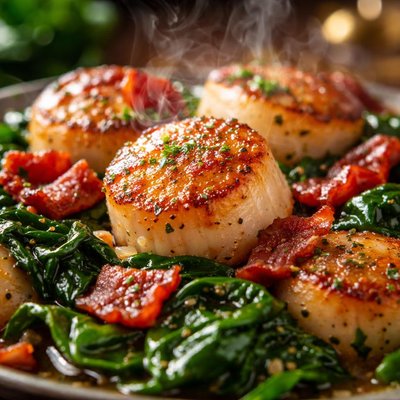 Image of Pan Seared Scallops with Bacon and Spinach