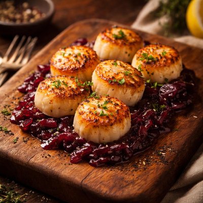 Image of Pan Seared Sea Scallops on Red Onion Marmalade