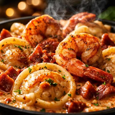 Image of Pan Seared Shrimp and Bacon 3 Cheese Truffles Ragu