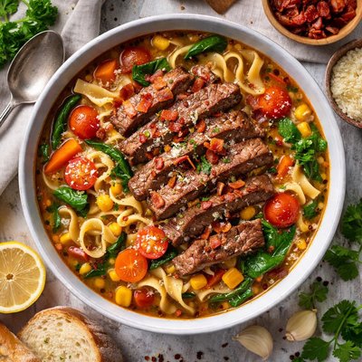 Image of Pan Seared Steak Vegetable Noodle Soup Garnished with Baco