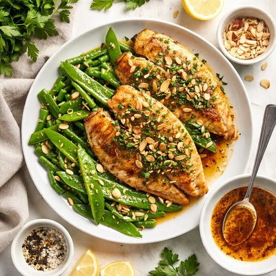 Image of Pan Seared Tilapia with Almond Browned Butter and Snow Peas