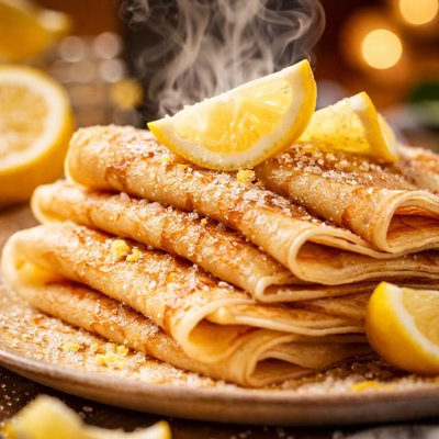 Image of Pancakes with Lemon and Sugar for Shrove Tuesday Pancake Day