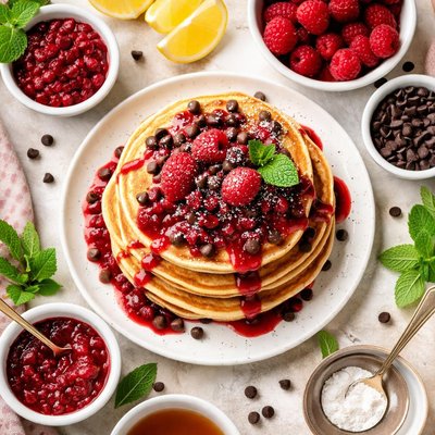Image of Pancakes with Mini Chocolate Chips Raspberry Sauce