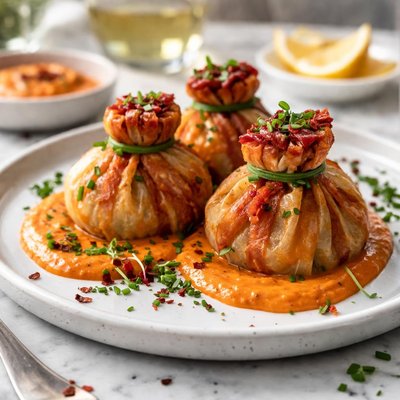 Image of Pancetta Purse with Roasted Red Bell Pepper Aioli