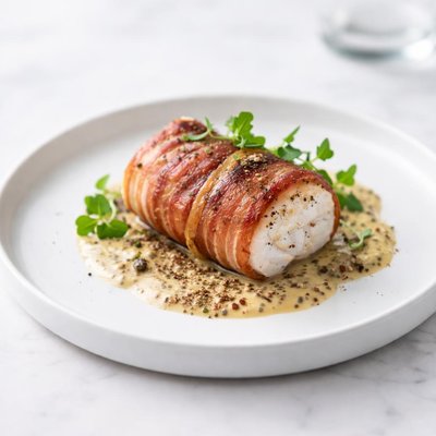 Image of Pancetta Wrapped Fish with Grain Mustard Sauce