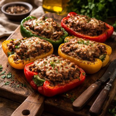 Image of Panfried Meatloaf in Tricolor Peppers