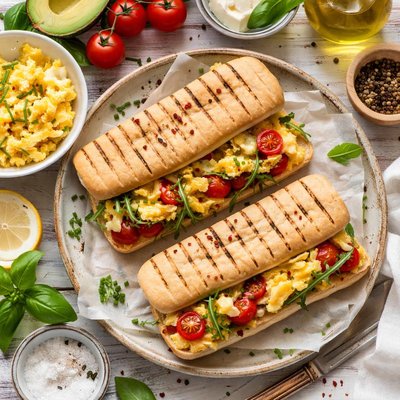 Image of Panini with Scrambled Eggs and Tomatoes