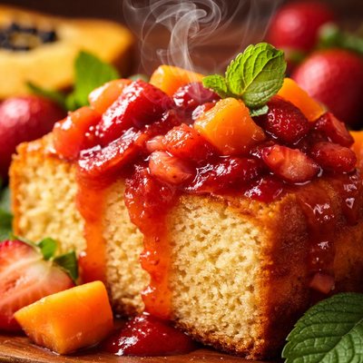 Image of Papaya and Strawberry Coulis Over Pound Cake