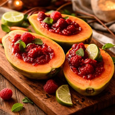 Image of Papaya with Raspberry Lime Sauce
