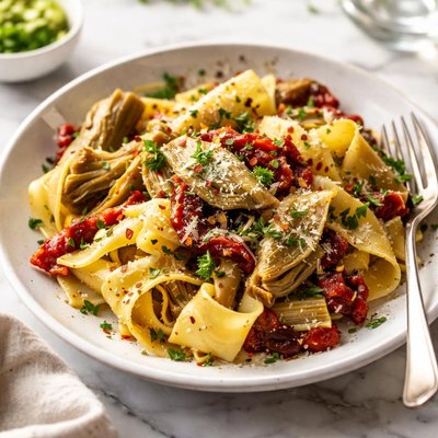 Image of Pappardelle with Artichokes and Sun Dried Tomatoes
