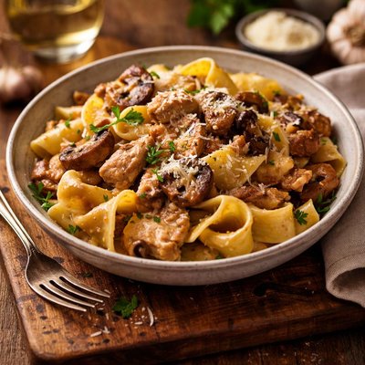 Image of Pappardelle with Chicken Mushrooms Wine