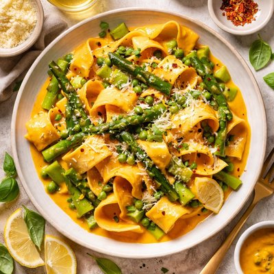 Image of Pappardelle with Peas and Asparagus in Orange Saffron Sauce