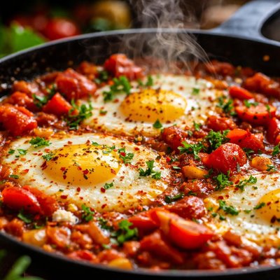 Image of Paprika Tomatoes with Poached Eggs Shakshouka