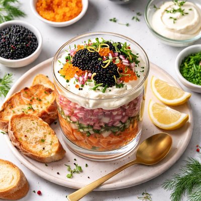 Image of Parfait of Salmon and Tuna Tartare Caviar and Creme Fraiche