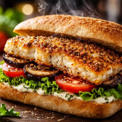 Image of Parmesan Crusted Fish Portobello Ciabatta Sandwich