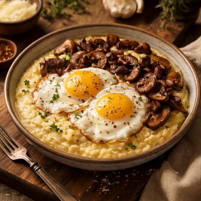 Image of Parmesan Polenta with Eggs and Roasted Mushrooms