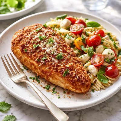 Image of Parmesan Potato Crusted Chicken with Orzo Caprese Salad
