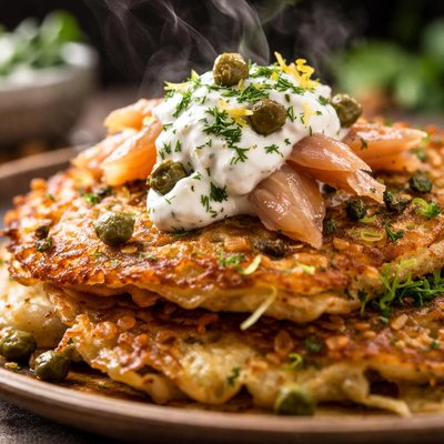Image of Parsnip Pancakes with Smoked Fish and Caper Sour Cream