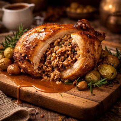 Image of Partridge Stuffed Chicken and Gravy