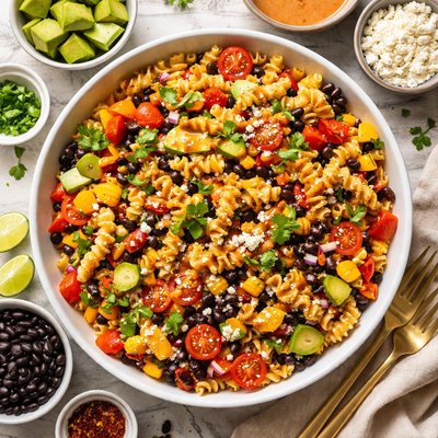 Image of Pasta and Black Bean Salad with Roasted Red Pepper Dressing