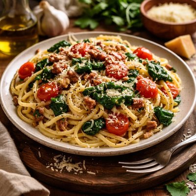 Image of Pasta Carbonara with Spinach and Tomatoes
