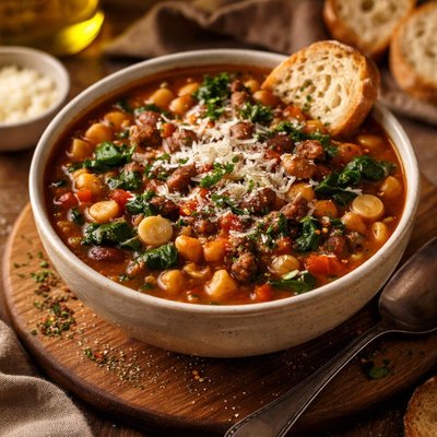 Image of Pasta E Fagioli Soup with Ground Beef and Spinach