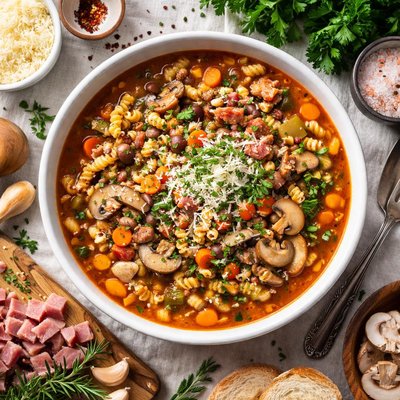 Image of Pasta E Fagioli with Ham Mushrooms and Herbs