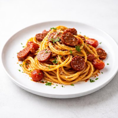 Image of Pasta in Chorizo Tomato Sauce Spanish Pasta Dish