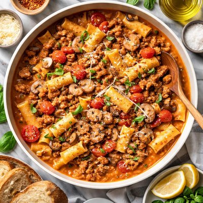 Image of Pasta in Sausage Cremini and Tomato Cream Sauce
