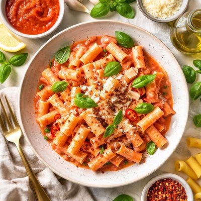 Image of Pasta in the Pink with Red Pepper Puree