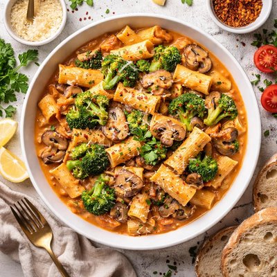 Image of Pasta Mushrooms and Broccoli W Creamy Tomato Sauce