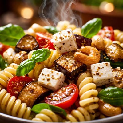Image of Pasta Salad with Feta Cheese Eggplant and Cashew Nuts