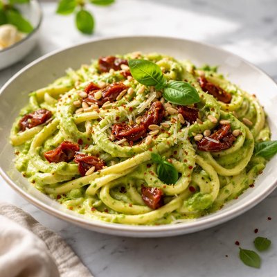 Image of Pasta Served with Avocado Sauce with Sun Dried Tomatoes