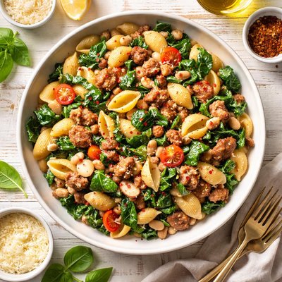 Image of Pasta Shells with Beans Greens and Sausage