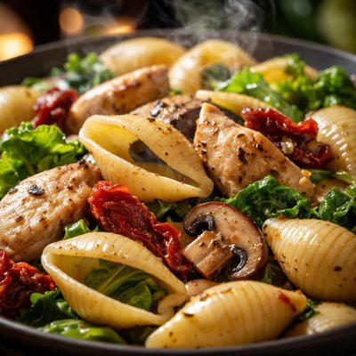 Image of Pasta Shells with Chicken Mushrooms Escarole and Sun Dried to