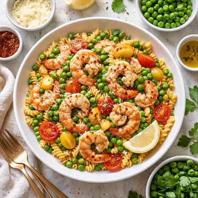 Image of Pasta Spirals with Shrimp Peas and Tomatoes