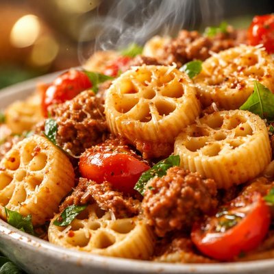 Image of Pasta Wheels with Sausage and Tomatoes