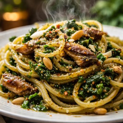 Image of Pasta with a Anchovy Spinach and Pine Nut Sauce