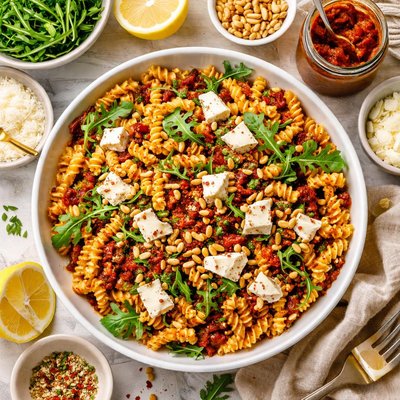 Image of Pasta with Arugula Goat Cheese and Sun Dried Tomato Pesto