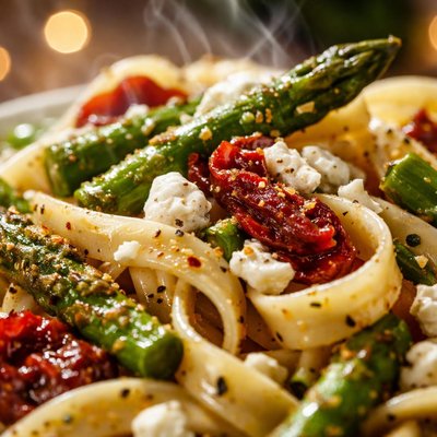 Image of Pasta with Asparagus Sun Dried Tomatoes and Goat Cheese