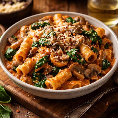 Image of Pasta with Baby Bella Mushrooms Spinach in a Tomato Cream