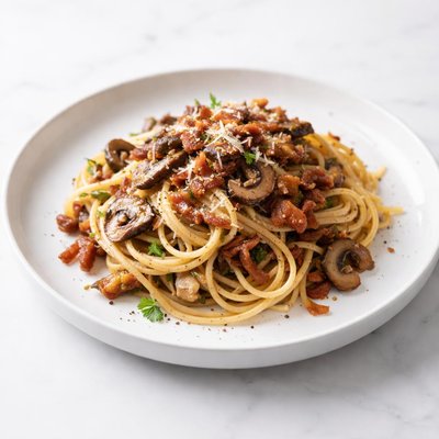 Image of Pasta with Bacon Mushroom Caramelised Onions