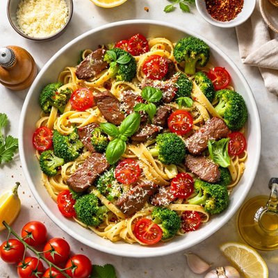 Image of Pasta with Beef Broccoli and Tomatoes