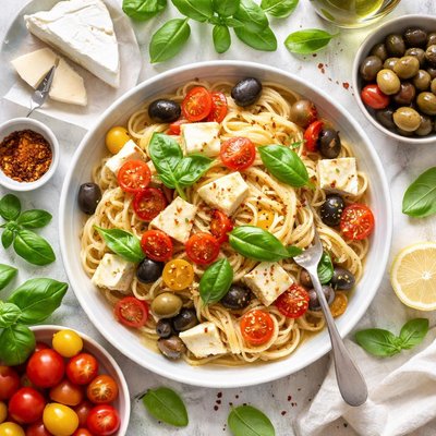 Image of Pasta with Brie Tomatoes Olives and Basil
